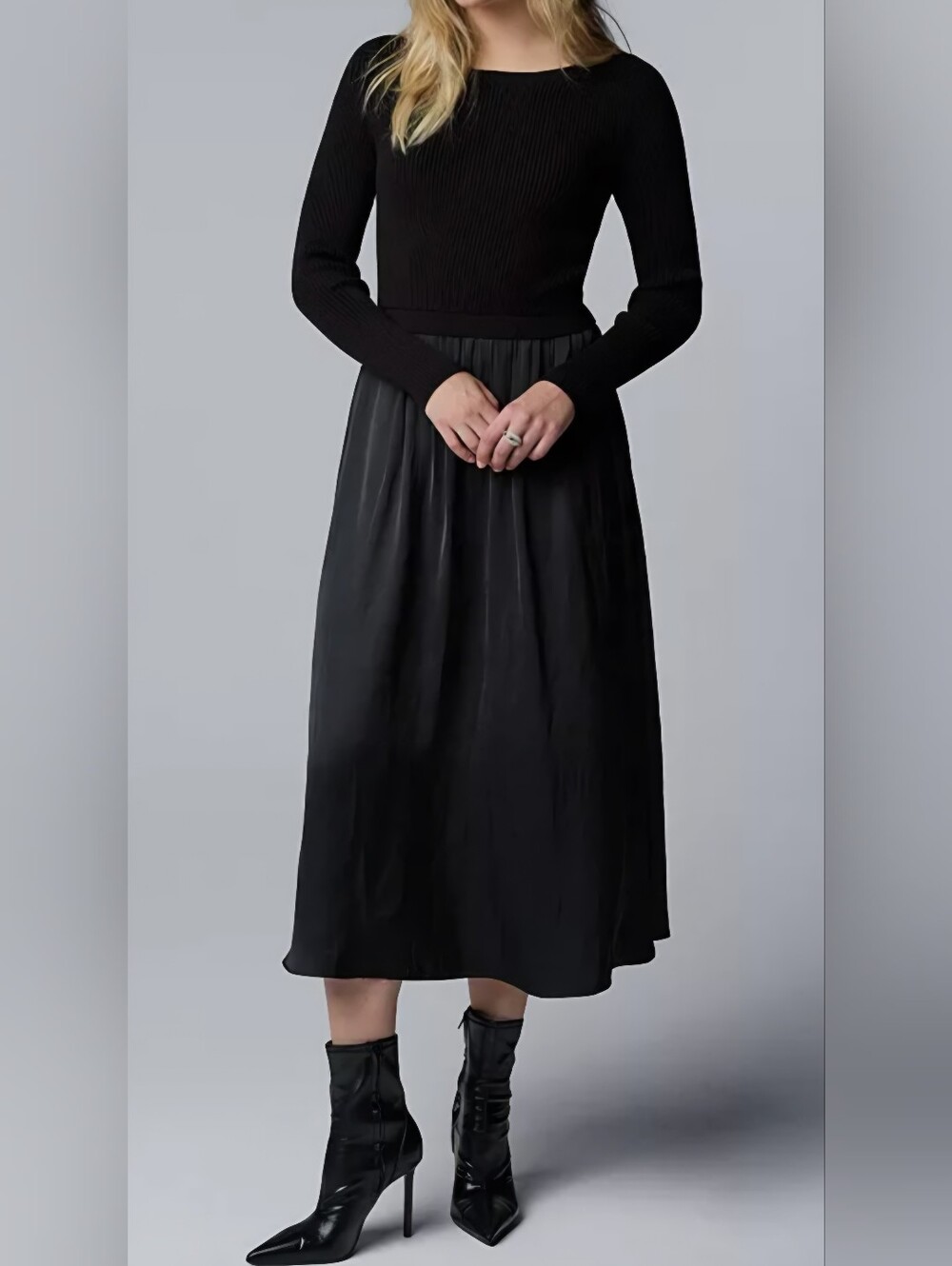 Simply Vera Vera Wang Black Cable Knit Mixed Media Dress with Pockets - Size L